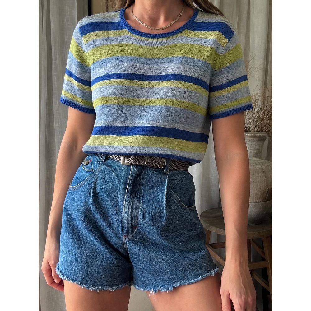 Talbots Vintage Pure Silk Sweater NWT Sz M Blue Green Stripe Short Sleeve 90s